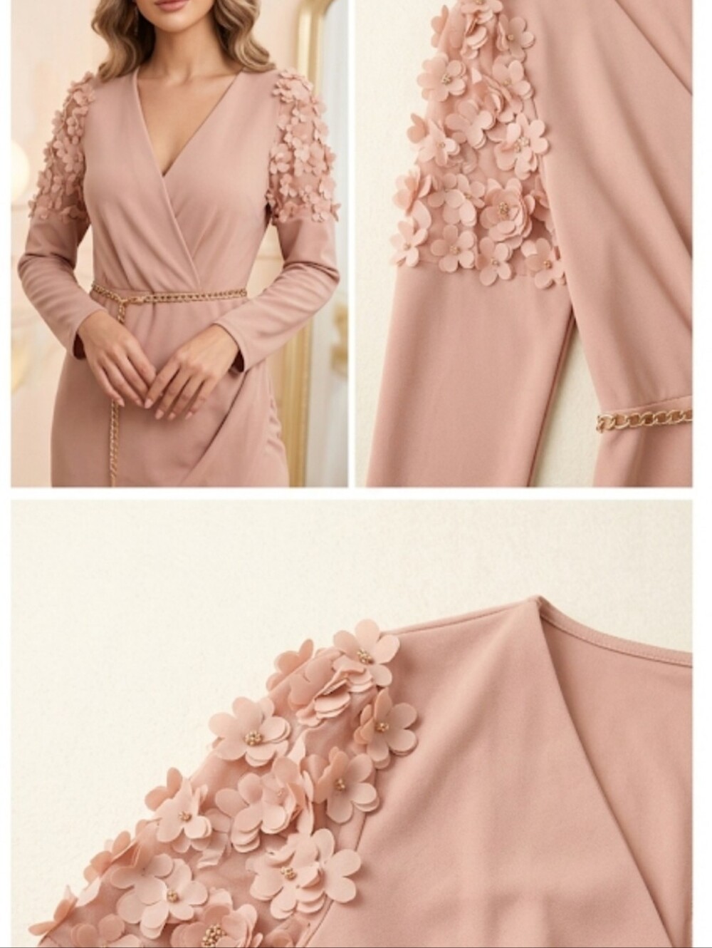 Elegant Nude Pink Wrap Dress with 3D Floral Appliqué Shoulders
